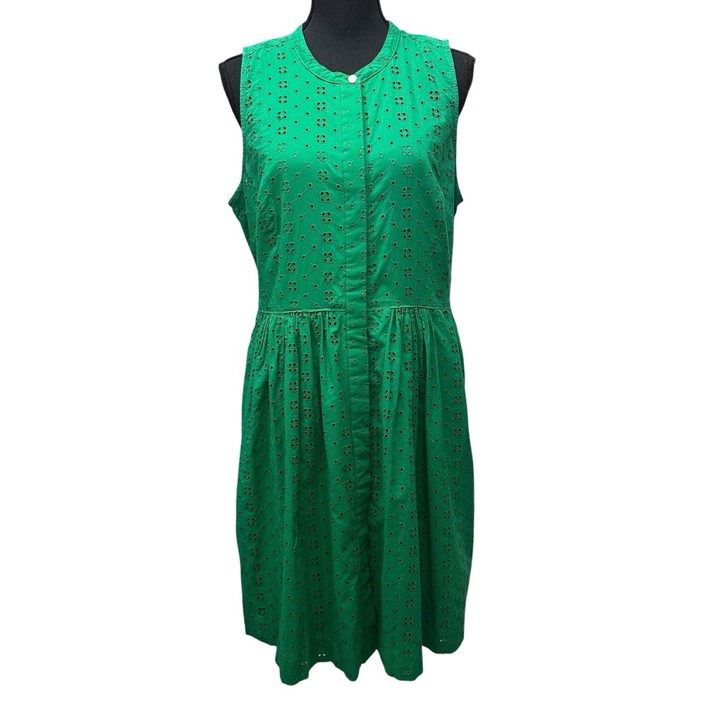 J. Crew Kelly Green Eyelet Sleeveless Cotton Midi‎ Shirt Dress Womens L
